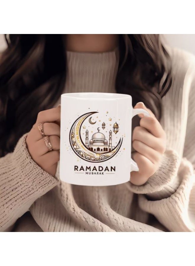 RYN Ramadan Mubarak Ceramic Mug - Insulated White Cup with Golden Crescent Moon & Mosque Design, Reusable Hand Wash Only, Ideal Gift - Image 1